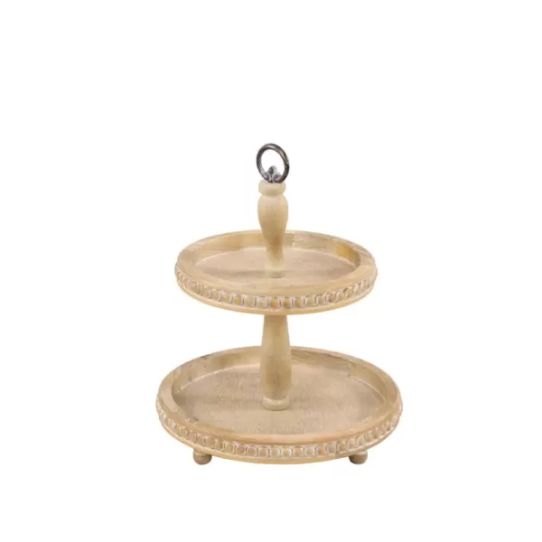 LITTON LANE Tall Natural Beige Wood 2-Tier Round Serving Tray Stand