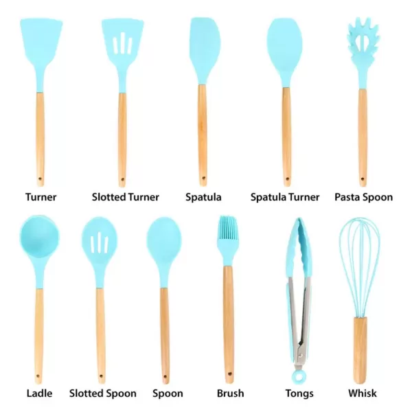 MegaChef Light Teal Silicone and Wood Cooking Utensils (Set of 12)