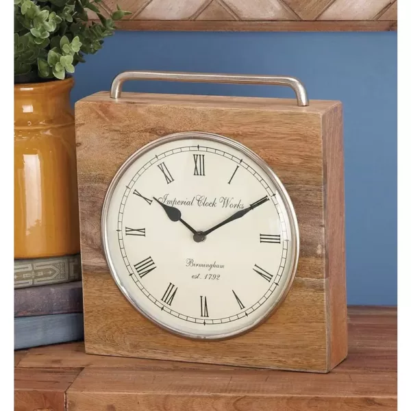 LITTON LANE 11 in. x 10 in. Rustic Wood and Iron Brown Square Table Clock