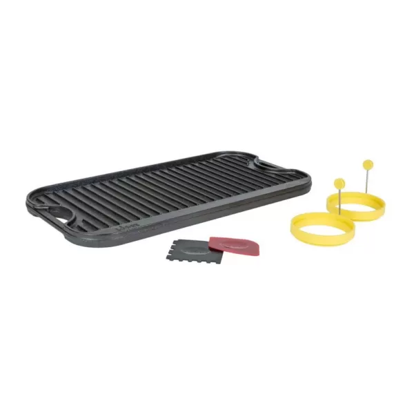 Lodge 5-Piece Black Cast Iron Reversible Stovetop Griddle Set with Egg Rings