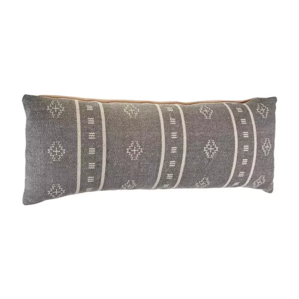 LR Home Embroidered Ethnic 14 in. x 36 in. Gray/Cream Rectangle Throw Pillow