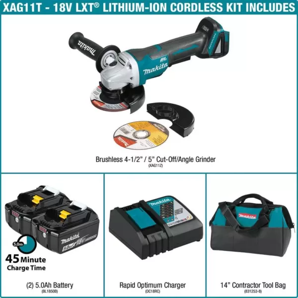 Makita 18- -Volt 5.0Ah LXT Lithium-Ion Brushless Cordless 4-1/2 in. /5 in. Paddle Switch Cut-Off/Angle Grinder Kit