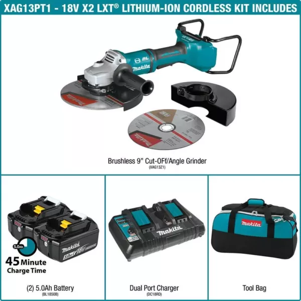 Makita 18-Volt X2 LXT Lithium-Ion (36V) Brushless Cordless 9 in. Paddle Switch Cut-Off/Angle Grinder Kit w Electric Brake 5.0Ah