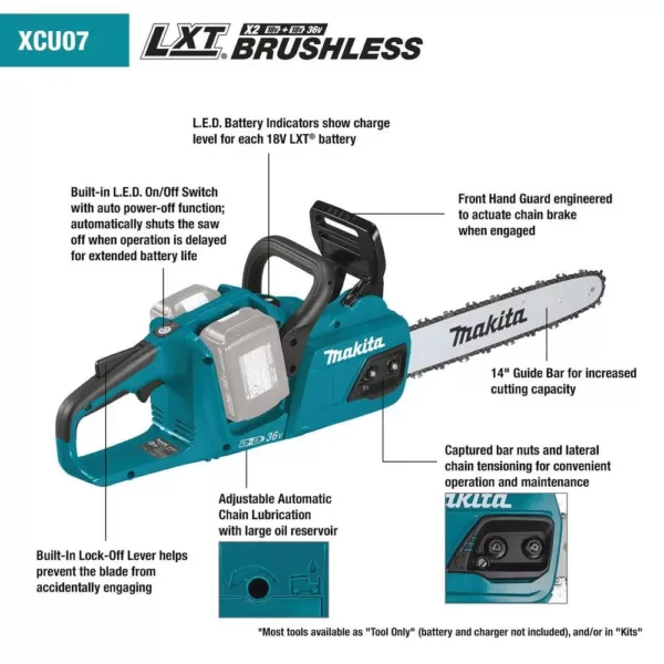 Makita 18V X2 LXT Blower and 18V X2 LXT 14 in. Chain Saw with bonus 18V LXT Starter Pack