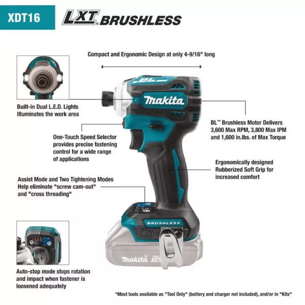 Makita 18-Volt 2.0 Ah LXT Lithium-Ion Compact Brushless Cordless Quick-Shift Mode 4-Speed Impact Driver Kit