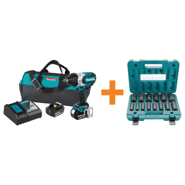 Makita 18V LXT Brushless High Torque 1/2 in. Sq. Drive Impact Wrench Kit with Bonus 14 Pc. 1/2 in. Drive Deep Well Socket Set