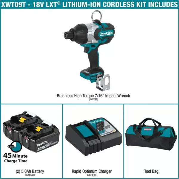 Makita 18-Volt LXT Lithium-Ion Brushless Cordless High Torque 7/16 in. Hex Chuck Impact Wrench Kit w/ (2) Batteries 5.0Ah, Bag