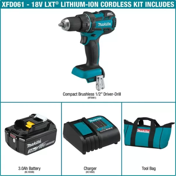 Makita 18-Volt LXT Lithium-Ion Compact Brushless Cordless 1/2 in. Driver-Drill Kit with (1) Battery 3.0Ah