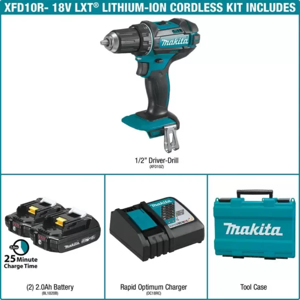 Makita 18-Volt LXT Lithium-Ion Cordless 1/2 in. XPT Drill/Driver Kit with Two 2.0 Ah Batteries Charger and Hard Case