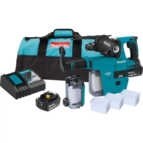 Makita 18-Volt LXT 1 in. Brushless SDS-Plus Rotary Hammer kit w/HEPA Attachment 5.0Ah with Bonus 18V LXT 1/2 in. Impact Wrench