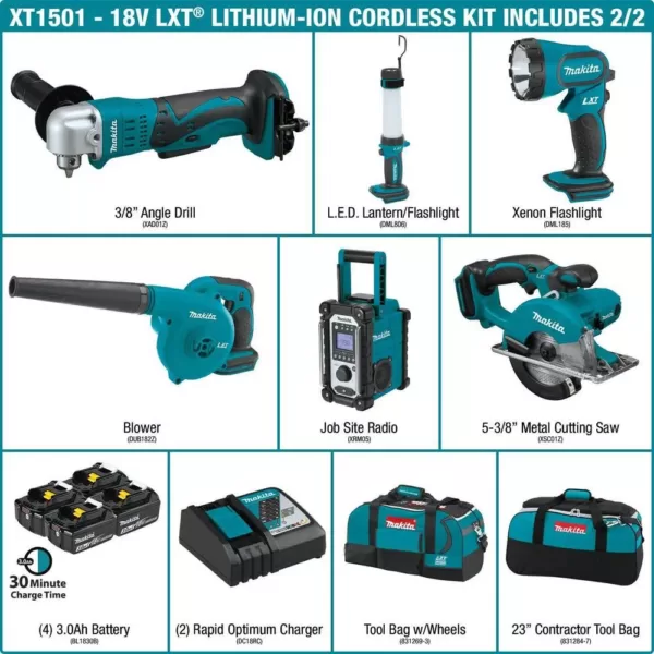 Makita 18-Volt LXT Lithium-ion Cordless 15-Piece Combo Kit with (4) Batteries 3.0Ah, Charger and (2) Bags