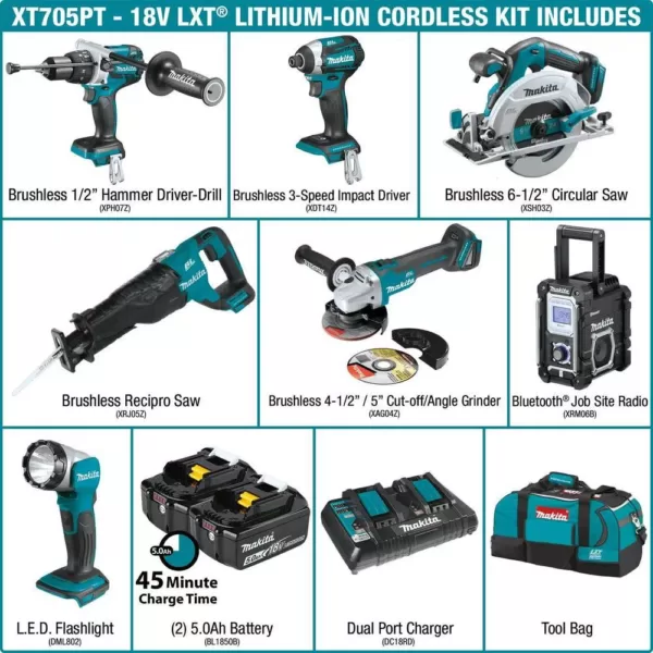 Makita 18-Volt LXT Brushless 7-Piece Kit Hammer Driver-Drill, Impact Driver, Recipro Saw, Circ Saw, Grinder, Radio, Light 5.0Ah