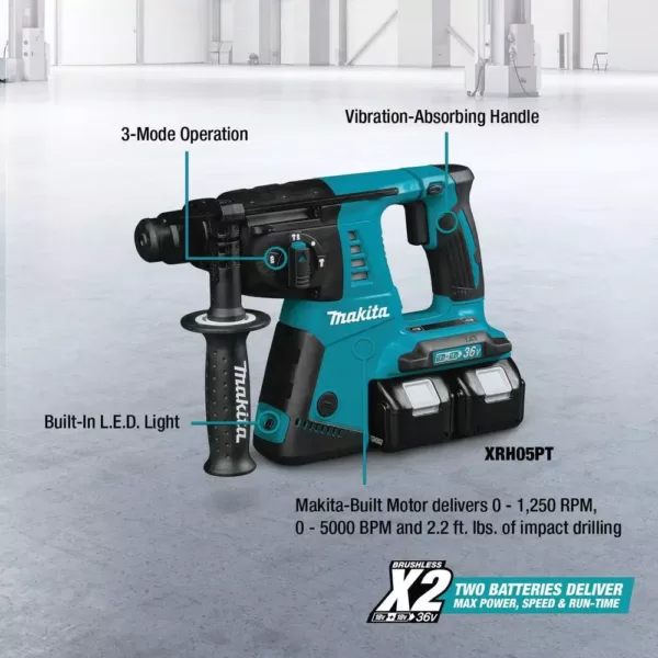 Makita 18-Volt X2 LXT Li-Ion (36-Volt) 1 in. Cordless SDS-Plus Concrete/Masonry Rotary Hammer Drill with (2) Batteries 5.0Ah