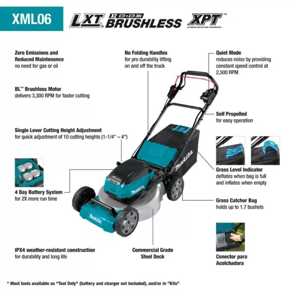 Makita 18 in. 18-Volt X2 (36-Volt) LXT Lithium-Ion Cordless Walk Behind Self Propelled Lawn Mower Kit with 4 Batteries (5.0 Ah)