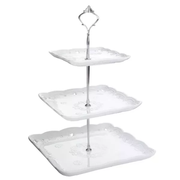 MALACASA 3-Tiered White Cupcake Tower Stand Square Tiered Serving Tray Dessert Stand