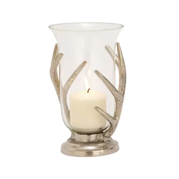 LITTON LANE 10 in. Aluminum Antler and Glass Hurricane Candle Holder