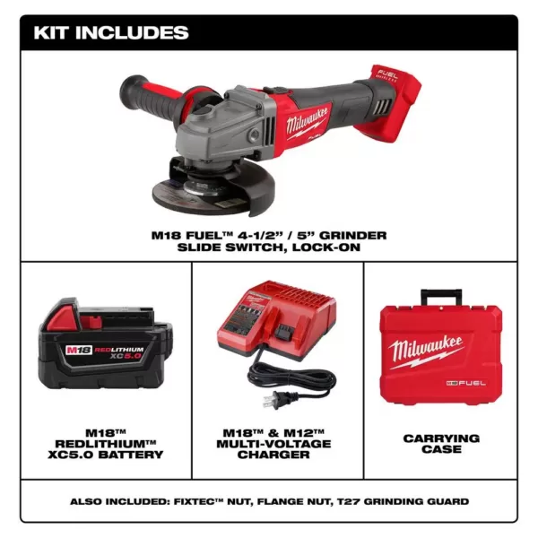 Milwaukee M18 FUEL 18-Volt Lithium-Ion Brushless Cordless 4-1/2 in. /5 in. Grinder W/ Slide Switch Kit W/ (1) 5.0Ah Batteries