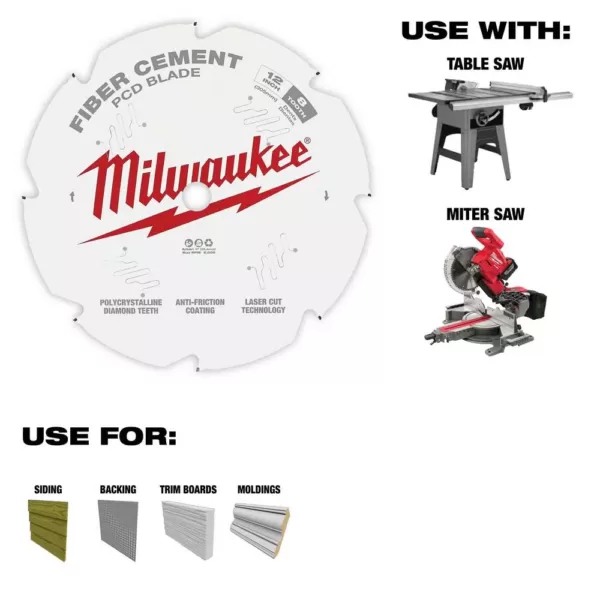 Milwaukee 12 in. x 8-Tooth Polycrystalline Diamond (PCD) Tipped Fiber Cement Cutting Saw Blade