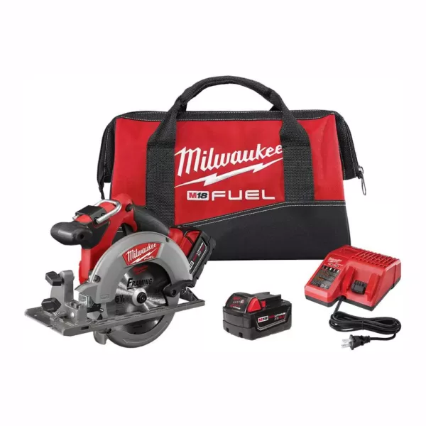 Milwaukee M18 FUEL 18-Volt Lithium-Ion Brushless Cordless 6-1/2 in. Circular Saw Kit w/ (2) 5.0Ah Batteries, Charger, Tool Bag