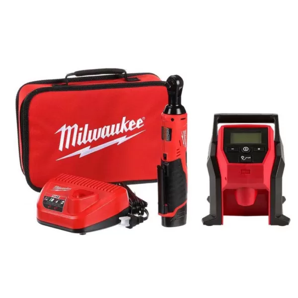 Milwaukee M12 12-Volt Lithium-Ion Cordless 3/8 in. Ratchet and Inflator Combo Kit (2-Tool) with (1) Battery and Charger