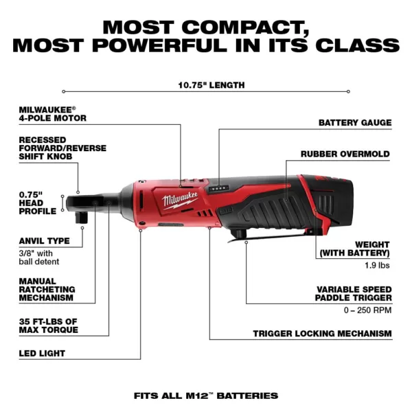 Milwaukee M12 12-Volt Lithium-Ion Cordless 3/8 in. Ratchet Kit with One 1.5 Ah Battery, Charger and Tool Bag