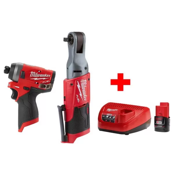 Milwaukee M12 FUEL 12-Volt Lithium-Ion Brushless Cordless 3/8 in. Ratchet & 1/4 in. Impact Combo with (1) 2.0Ah Battery & Charger