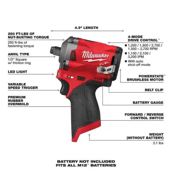 Milwaukee M12 FUEL 12-Volt Lithium-Ion Brushless Cordless 3/8 in. Ratchet and 1/2 in. Impact Wrench with two 3.0 Ah Batteries