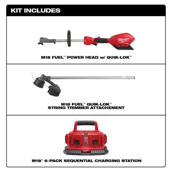 Milwaukee M18 FUEL 18-Volt Lithium-Ion Cordless Brushless String Trimmer with Attachment Capability with M18 6-Port BatteryCharger