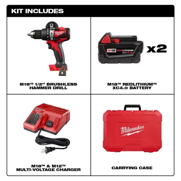 Milwaukee M18 18-Volt Lithium-Ion Brushless Cordless 1/2 in. Compact Hammer Drill/Driver Kit w/Two 4.0Ah Batteries and Hard Case