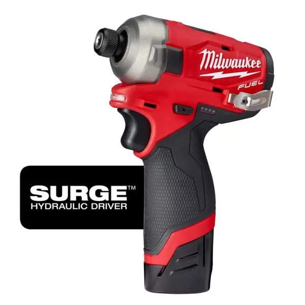 Milwaukee M12 FUEL SURGE 12-Volt Lithium-Ion Brushless Cordless 1/4 in. Hex Impact Driver Compact Kit with  M12 Flood Light