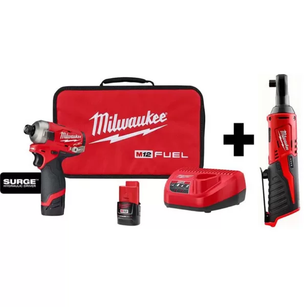 Milwaukee M12 FUEL SURGE 12-Volt Lithium-Ion Brushless Cordless 1/4 in. Hex Impact Driver Compact Kit w/ M12 3/8 in. Ratchet