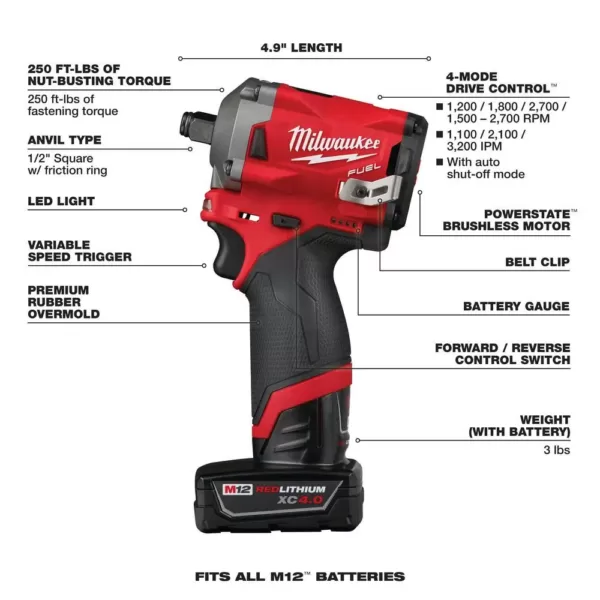 Milwaukee M12 FUEL 12-Volt Lithium-Ion Brushless Cordless Stubby 1/2 in. Impact Wrench Kit with One 4.0 and One 2.0Ah Batteries