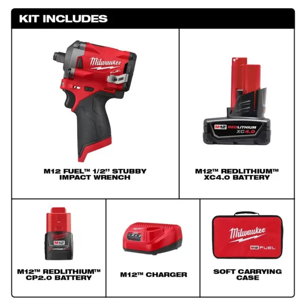 Milwaukee M12 FUEL 12-Volt Lithium-Ion Brushless Cordless Stubby 1/2 in. Impact Wrench Kit with One 4.0 and One 2.0Ah Batteries