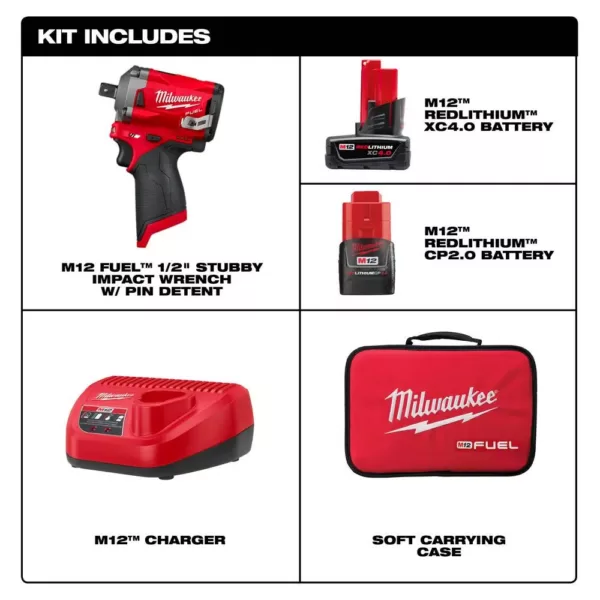 Milwaukee M12 FUEL 12-Volt Lithium-Ion Brushless Cordless Stubby 1/2 in. Impact Wrench Kit with Pin Detent, 2 Batteries and Bag