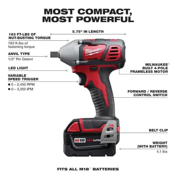 Milwaukee M18 18-Volt Lithium-Ion Cordless 1/2 in. Impact Wrench W/ Pin Detent Kit W/(2) 3.0Ah Batteries, Charger & Hard Case