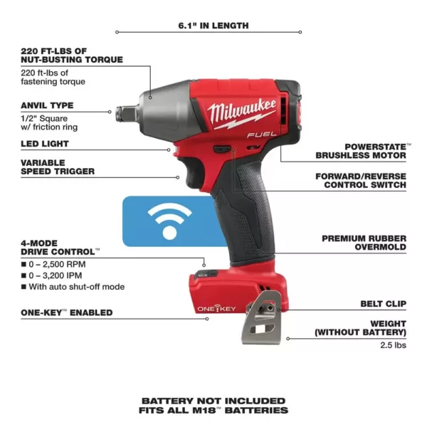 Milwaukee M18 FUEL ONE-KEY 18-Volt Lithium-Ion Brushless Cordless 1/2 in. Impact Wrench w/ Friction Ring (Tool-Only)