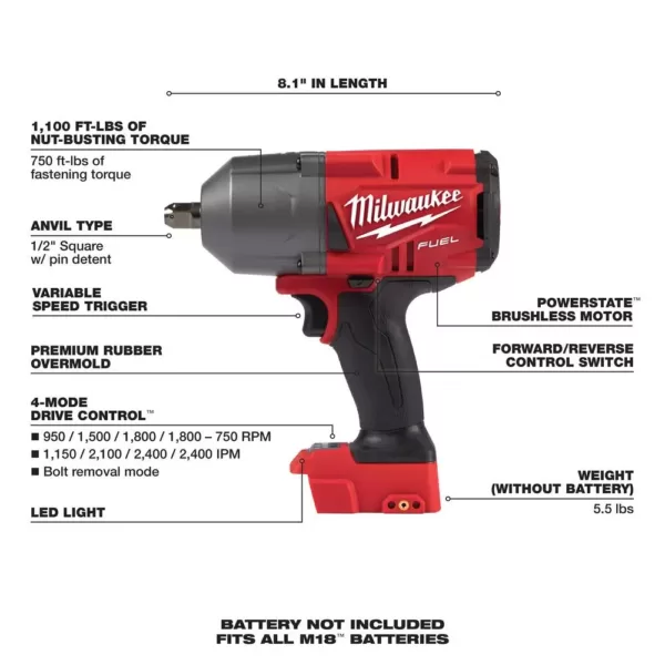 Milwaukee M18 FUEL 18-Volt Lithium-Ion Brushless Cordless 1/2 in. Impact Wrench with Pin Detent (Tool-Only)