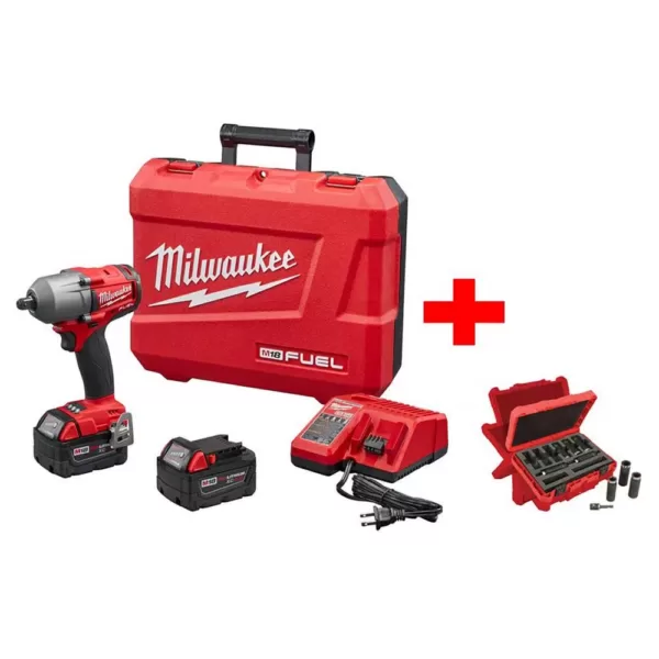 Milwaukee M18 FUEL 18-Volt Lithium-Ion Brushless 1/2 in. Mid Torque Impact Wrench With Pin Detent Kit with Socket Set (9-Piece)