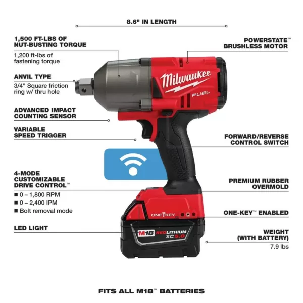 Milwaukee M18 FUEL ONE-KEY 18-Volt Lithium-Ion Brushless Cordless 3/4 in. Impact Wrench w/Friction Ring Kit w/(2) 5.0Ah Batteries