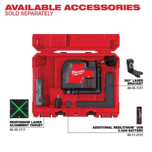 Milwaukee 100 ft. REDLITHIUM Lithium-Ion USB Green Rechargeable Cross Line Laser Level with Charger