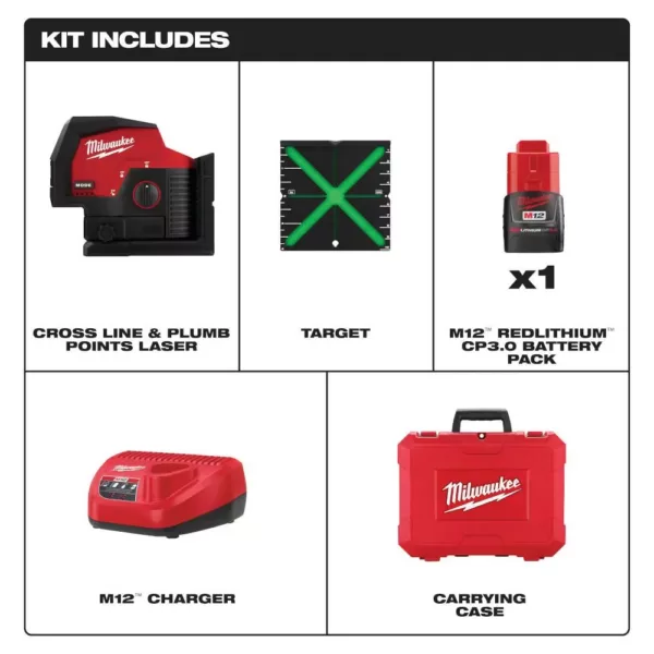 Milwaukee M12 12-Volt Lithium-Ion Cordless Green 125 ft. Cross Line and Plumb Points Laser Level Kit with 3.0 Ah Battery