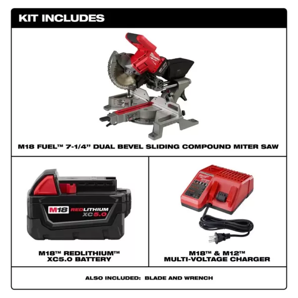 Milwaukee M18 FUEL 18-Volt Lithium-Ion Brushless Cordless 7-1/4 in. Dual Bevel Sliding Compound Miter Saw Kit w/One 5.0Ah Battery