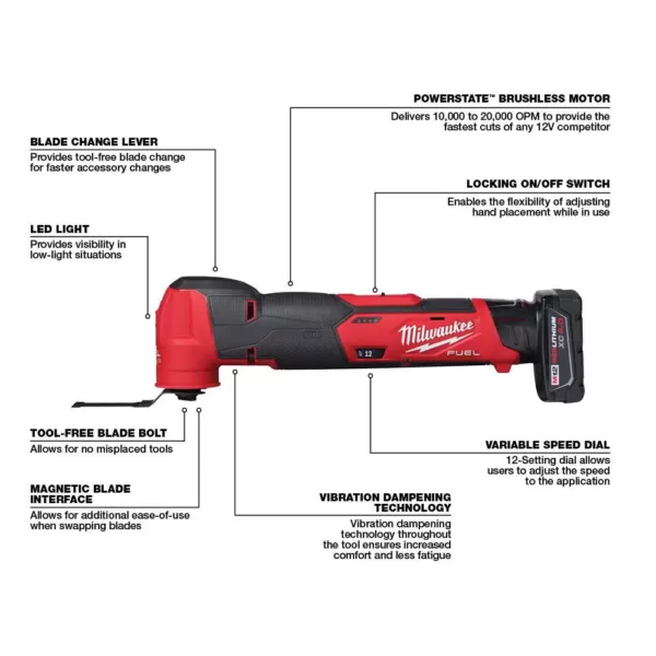 Milwaukee M12 FUEL 12-Volt Lithium-Ion Cordless Oscillating Multi-Tool Kit with 4.0 Ah Battery, Charger, Accessories and Tool Bag