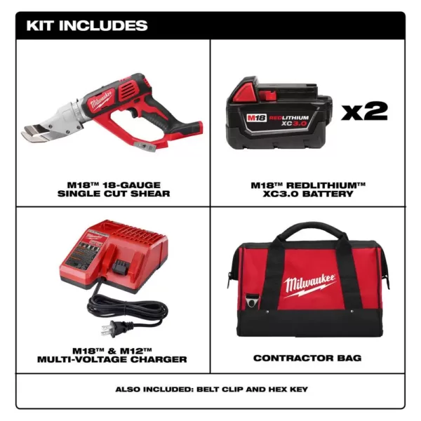 Milwaukee M18 18-Volt Lithium-Ion Cordless 18-Gauge Single Cut Metal Shear Kit W/(2) 3.0Ah Batteries, Charger, Tool Bag