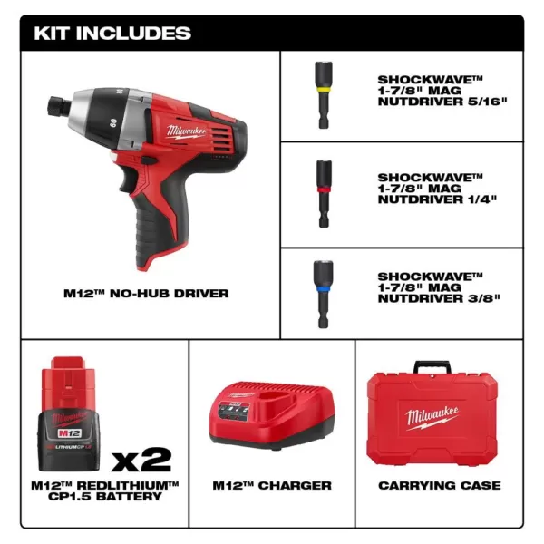 Milwaukee M12 12-Volt Lithium-Ion Cordless 1/4 in. Hex No-Hub Driver Kit W/ (2) 1.5Ah Batteries & Hard Case