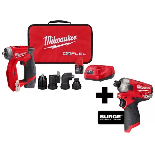 Milwaukee M12 FUEL 12-Volt Lithium-Ion Brushless Cordless 4-in-1 Installation 3/8in. Drill Driver & SURGE Impact Driver Combo Kit