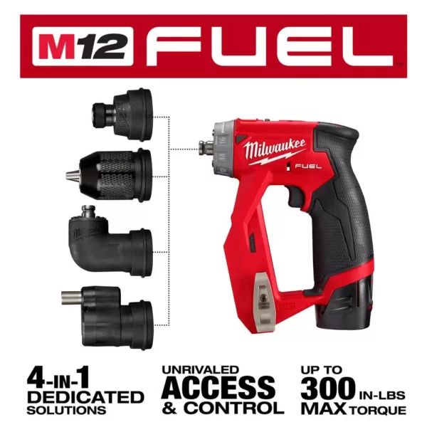 Milwaukee M12 FUEL 12-Volt Lithium-Ion Brushless Cordless 4-in-1 Installation 3/8 in. Drill Driver Kit with 4-Tool Heads