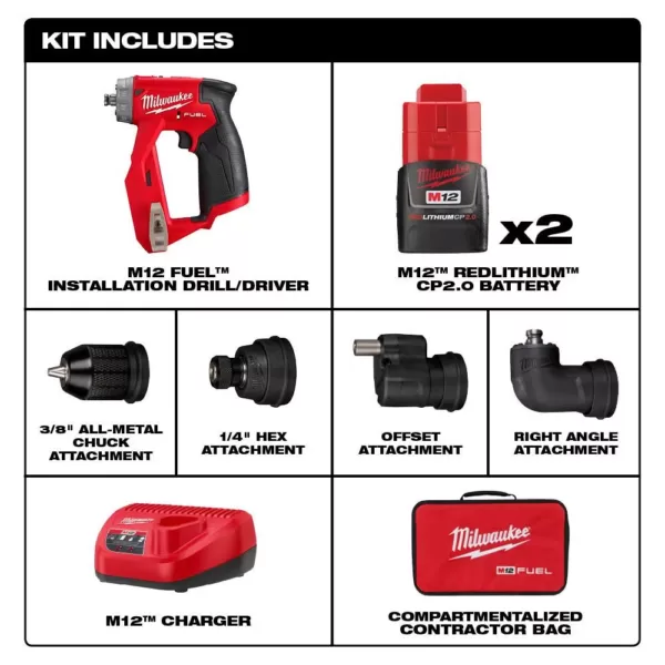 Milwaukee M12 FUEL 12-Volt Lithium-Ion Brushless Cordless 4-in-1 Installation 3/8 in. Drill Driver Kit with 4-Tool Heads