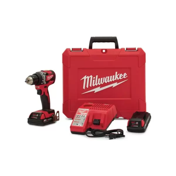 Milwaukee M18 18-Volt Lithium-Ion Brushless Cordless 1/2 in. Compact Drill/Driver Kit with (2) 2.0 Ah Batteries, Charger and Case