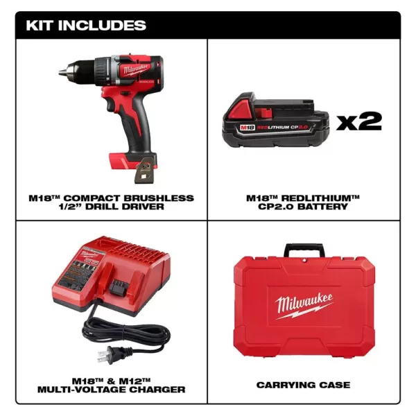 Milwaukee M18 18-Volt Lithium-Ion Brushless Cordless 1/2 in. Compact Drill/Driver Kit with (2) 2.0 Ah Batteries, Charger and Case